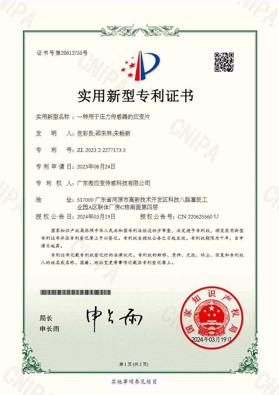 一种用于压力传感器的应变片2023222771735-专利证书1.jpg